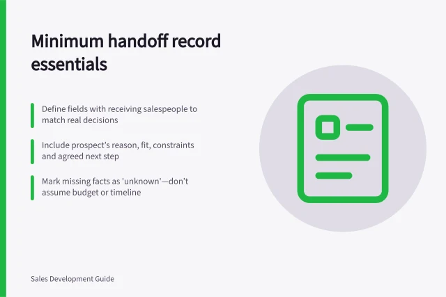 Minimum handoff record essentials: Define fields with receiving salespeople to match real decisions; Include prospect’s reason, fit, constraints and agreed next step; Mark missing facts as 'unknown'—don’t assume budget or timeline. Agreeing on a minimum useful handoff record