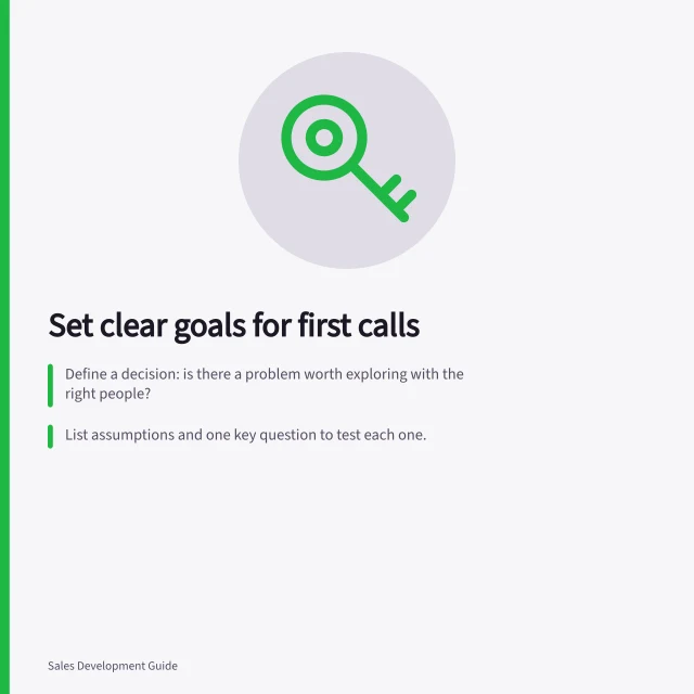 Set clear goals for first calls: Define a decision: is there a problem worth exploring with the right people?; List assumptions and one key question to test each one.; Agree on three possible outcomes before dialling. Building a call objective for an initial conversation