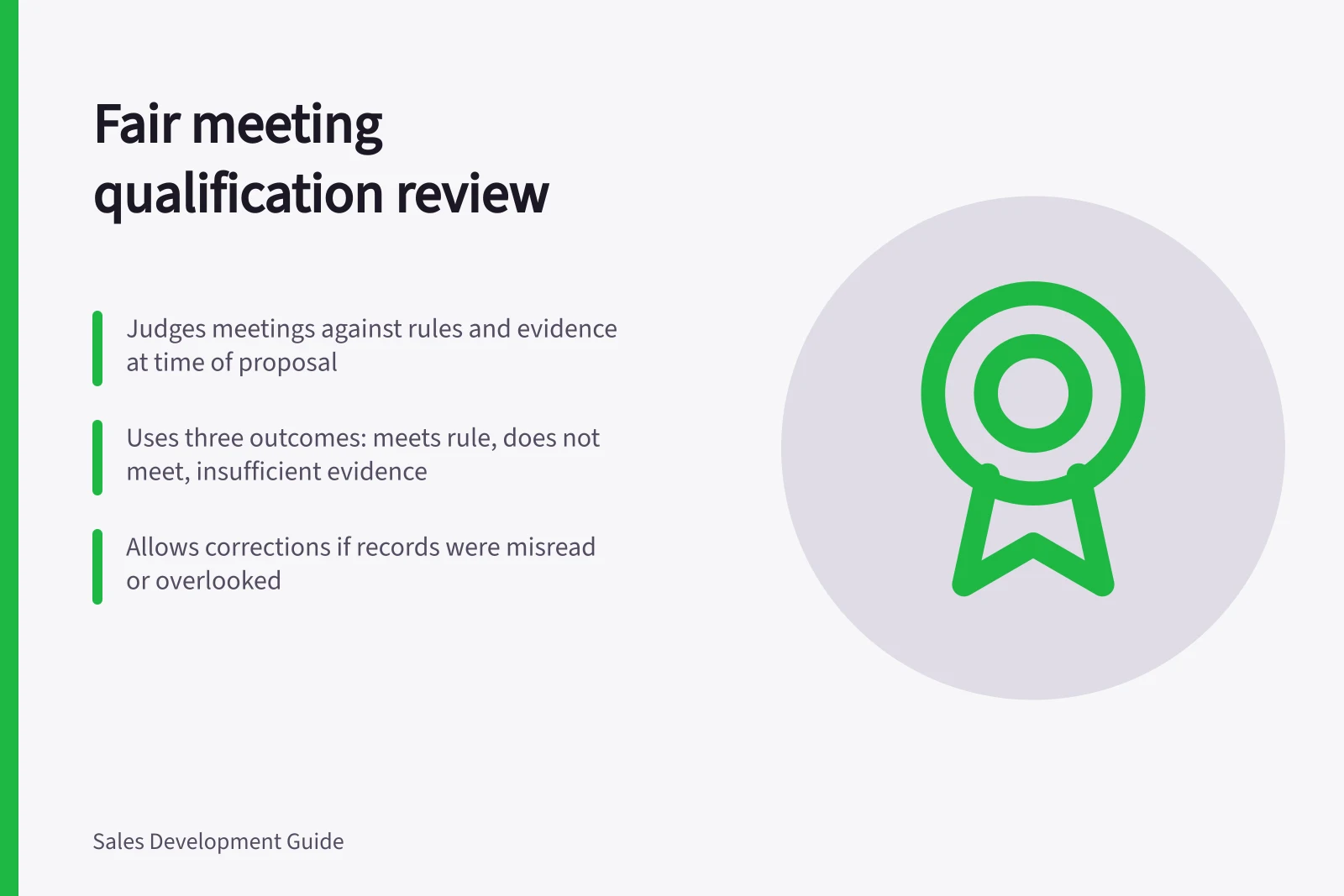 Fair meeting qualification review: Judges meetings against rules and evidence at time of proposal; Uses three outcomes: meets rule, does not meet, insufficient evidence; Allows corrections if records were misread or overlooked