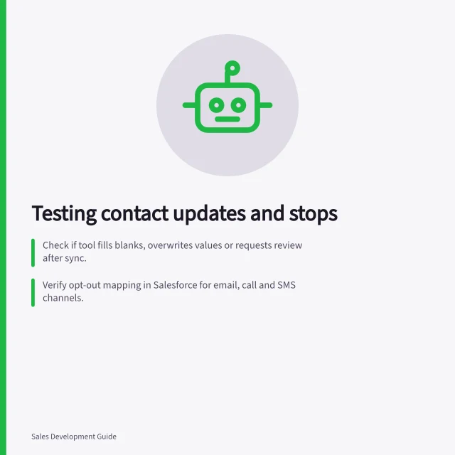 Testing contact updates and stops: Check if tool fills blanks, overwrites values or requests review after sync.; Verify opt-out mapping in Salesforce for email, call and SMS channels.; Confirm suppression process works across all configured senders and routes. Checking contact update and suppression features