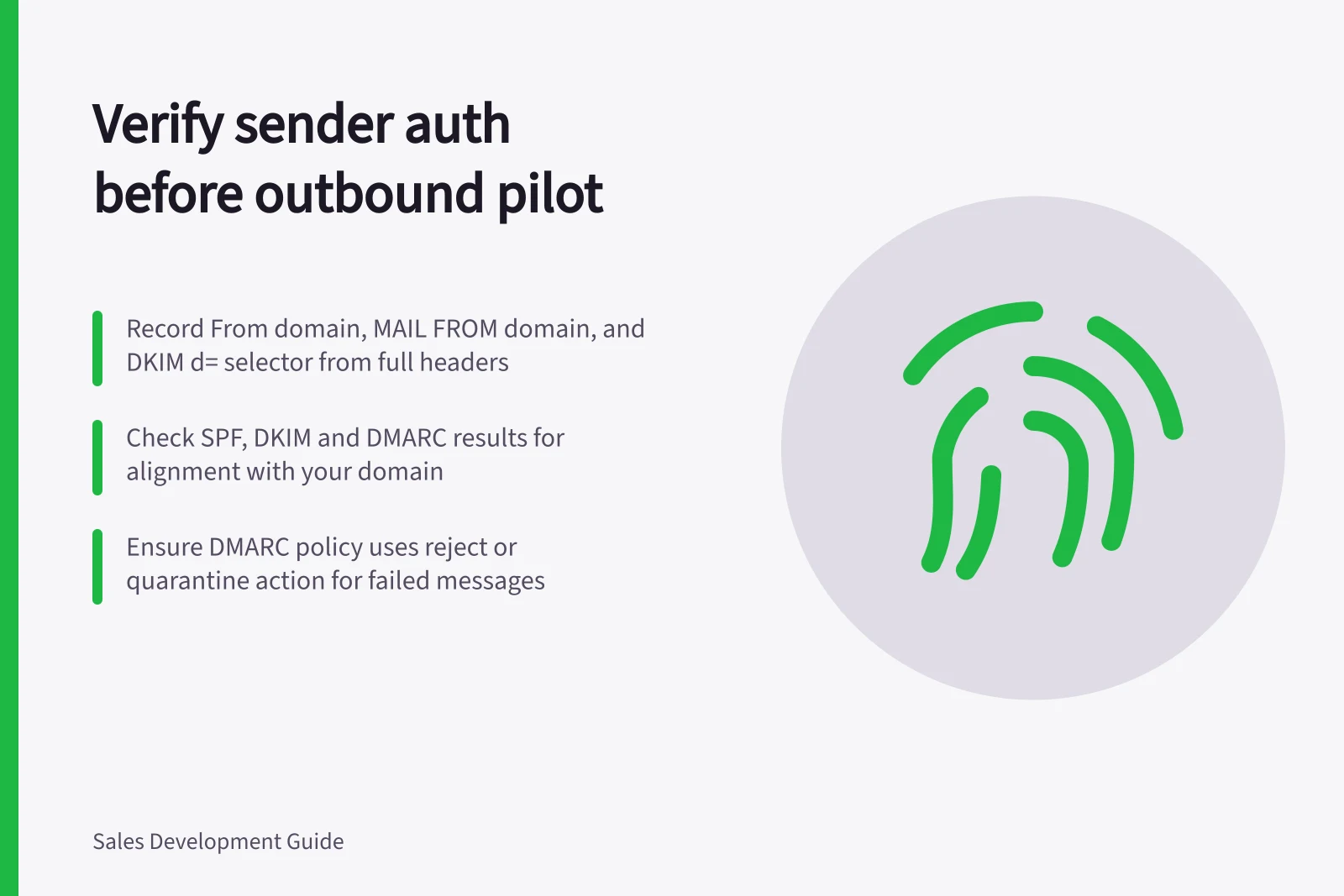 Verify sender auth before outbound pilot: Record From domain, MAIL FROM domain, and DKIM d= selector from full headers; Check SPF, DKIM and DMARC results for alignment with your domain; Ensure DMARC policy uses reject or quarantine action for failed messages