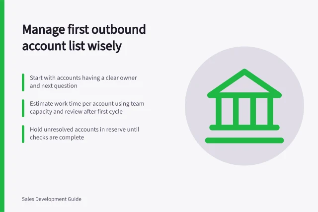 Manage first outbound account list wisely: Start with accounts having a clear owner and next question; Estimate work time per account using team capacity and review after first cycle; Hold unresolved accounts in reserve until checks are complete. Choosing a manageable first outbound account list