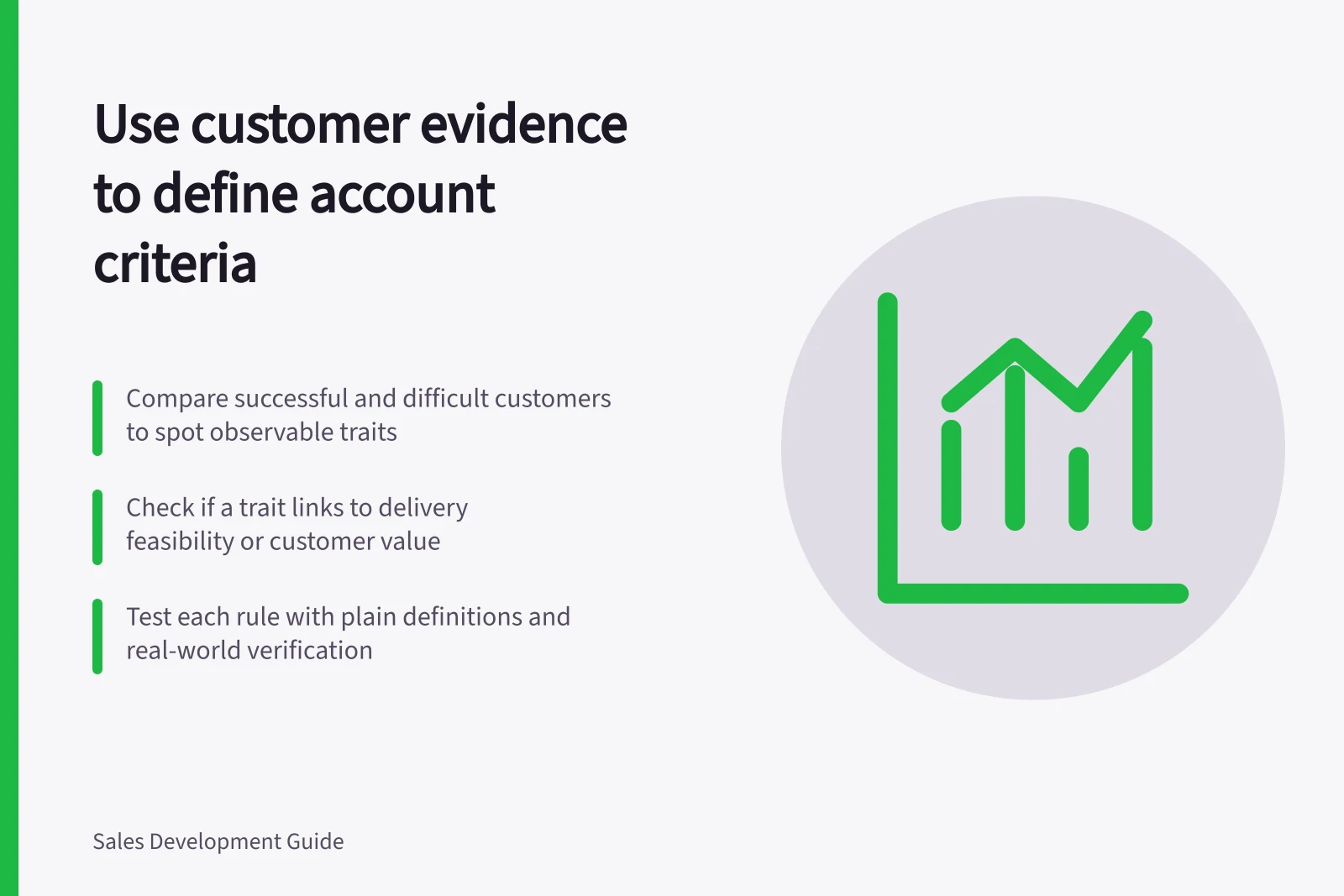 Use customer evidence to define account criteria: Compare successful and difficult customers to spot observable traits; Check if a trait links to delivery feasibility or customer value; Test each rule with plain definitions and real-world verification