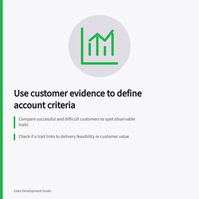 Use customer evidence to define account criteria: Compare successful and difficult customers to spot observable traits; Check if a trait links to delivery feasibility or customer value; Test each rule with plain definitions and real-world verification. Choosing account criteria from existing customer evidence