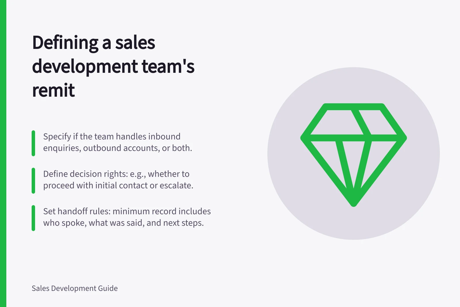 Defining a sales development team's remit: Specify if the team handles inbound enquiries, outbound accounts, or both.; Define decision rights: e.g., whether to proceed with initial contact or escalate.; Set handoff rules: minimum record includes who spoke, what was said, and next steps.