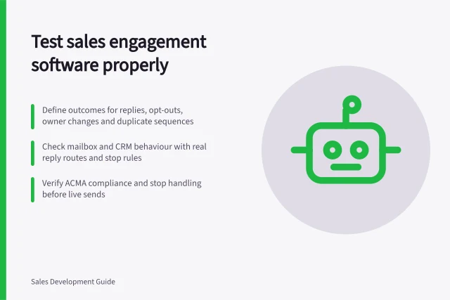 Test sales engagement software properly: Define outcomes for replies, opt-outs, owner changes and duplicate sequences; Check mailbox and CRM behaviour with real reply routes and stop rules; Verify ACMA compliance and stop handling before live sends. Evaluating sales engagement software with a controlled pilot