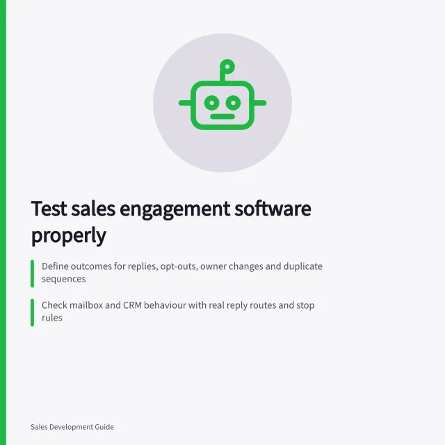 Test sales engagement software properly: Define outcomes for replies, opt-outs, owner changes and duplicate sequences; Check mailbox and CRM behaviour with real reply routes and stop rules; Verify ACMA compliance and stop handling before live sends. Evaluating sales engagement software with a controlled pilot