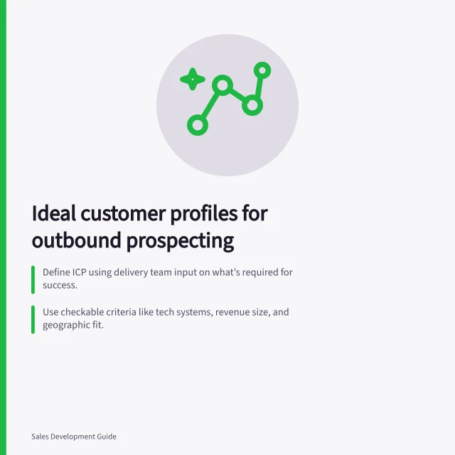 Ideal customer profiles for outbound prospecting: Define ICP using delivery team input on what’s required for success.; Use checkable criteria like tech systems, revenue size, and geographic fit.; Align marketing, sales and customer success teams on profile meaning and use. Ideal customer profiles for outbound prospecting
