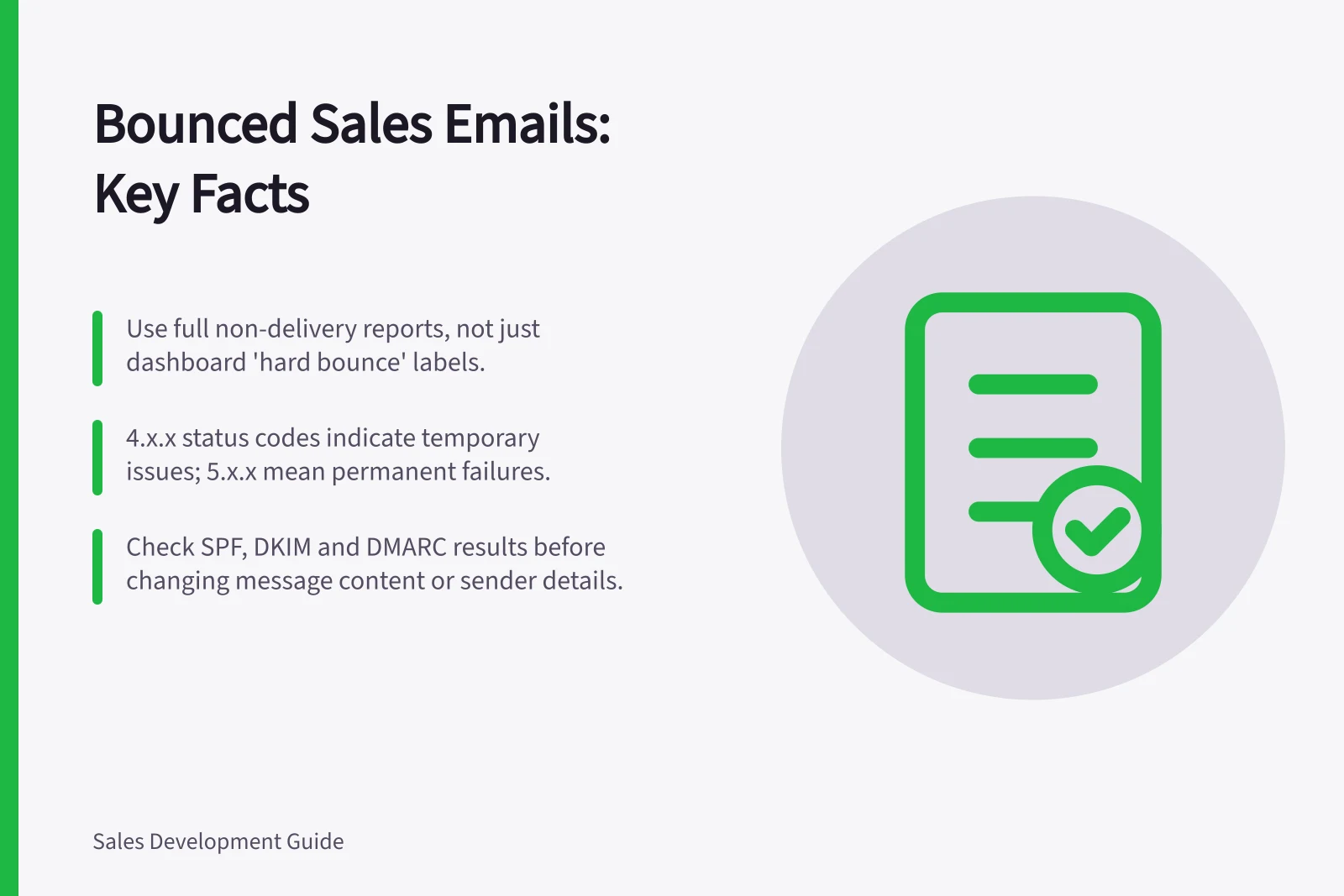 Bounced Sales Emails: Key Facts: Use full non-delivery reports, not just dashboard 'hard bounce' labels.; 4.x.x status codes indicate temporary issues; 5.x.x mean permanent failures.; Check SPF, DKIM and DMARC results before changing message content or sender details.