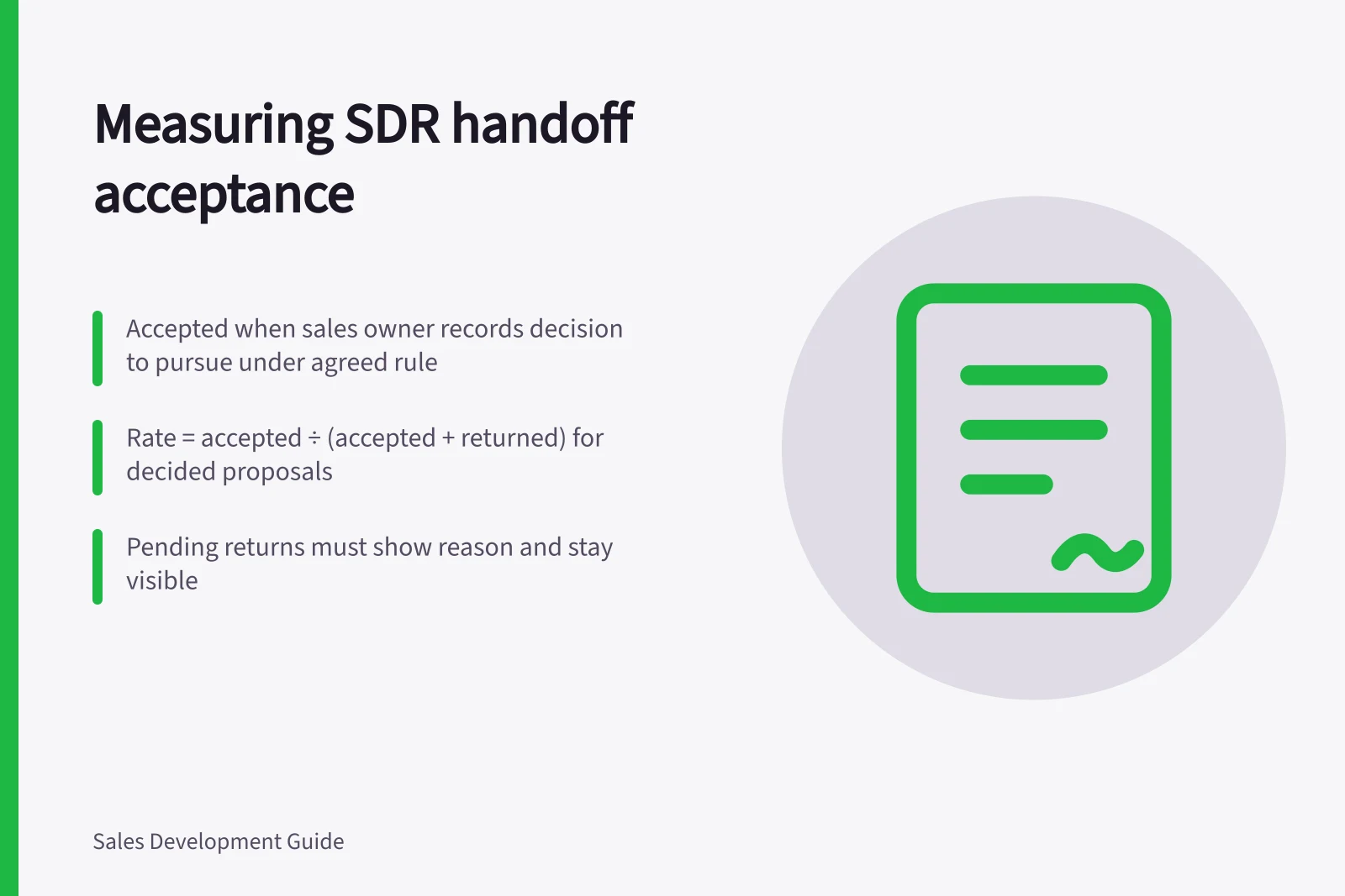 Measuring SDR handoff acceptance: Accepted when sales owner records decision to pursue under agreed rule; Rate = accepted ÷ (accepted + returned) for decided proposals; Pending returns must show reason and stay visible