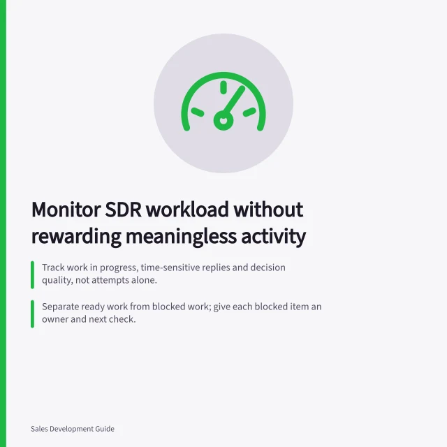 Monitor SDR workload without rewarding meaningless activity: Track work in progress, time-sensitive replies and decision quality, not attempts alone.; Separate ready work from blocked work; give each blocked item an owner and next check.; Australian Privacy Principles apply: keep review information accurate and relevant. Monitoring workload without rewarding meaningless activity