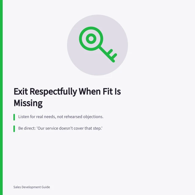 Exit Respectfully When Fit Is Missing: Listen for real needs, not rehearsed objections.; Be direct: 'Our service doesn’t cover that step.'; Record 'not a fit' with clear reasons in the system. Planning a respectful exit when the offer is irrelevant