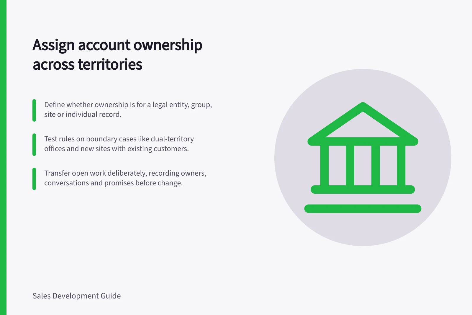 Assign account ownership across territories: Define whether ownership is for a legal entity, group, site or individual record.; Test rules on boundary cases like dual-territory offices and new sites with existing customers.; Transfer open work deliberately, recording owners, conversations and promises before change.