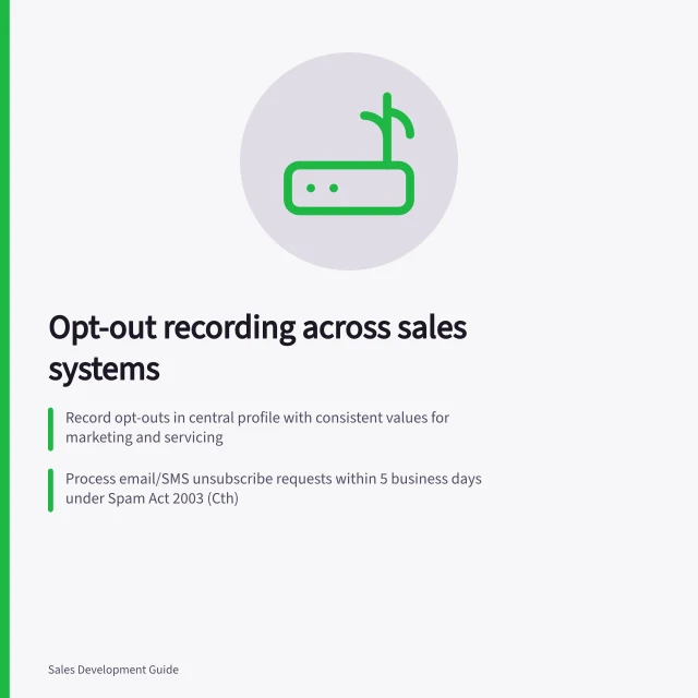Opt-out recording across sales systems: Record opt-outs in central profile with consistent values for marketing and servicing; Process email/SMS unsubscribe requests within 5 business days under Spam Act 2003 (Cth); Sync central profile to CRM, email platform and sequencing tools in near real time. Recording opt-outs across sales systems