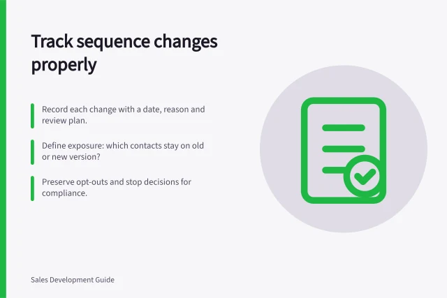 Track sequence changes properly: Record each change with a date, reason and review plan.; Define exposure: which contacts stay on old or new version?; Preserve opt-outs and stop decisions for compliance. Recording sequence changes and their results
