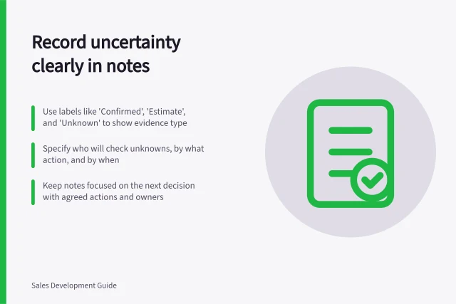Record uncertainty clearly in notes: Use labels like 'Confirmed', 'Estimate', and 'Unknown' to show evidence type; Specify who will check unknowns, by what action, and by when; Keep notes focused on the next decision with agreed actions and owners. Recording uncertainty in a qualification note