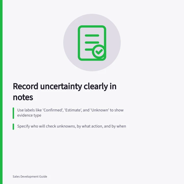 Record uncertainty clearly in notes: Use labels like 'Confirmed', 'Estimate', and 'Unknown' to show evidence type; Specify who will check unknowns, by what action, and by when; Keep notes focused on the next decision with agreed actions and owners. Recording uncertainty in a qualification note