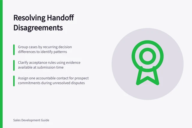 Resolving Handoff Disagreements: Group cases by recurring decision differences to identify patterns; Clarify acceptance rules using evidence available at submission time; Assign one accountable contact for prospect commitments during unresolved disputes. Resolving repeated handoff disagreements