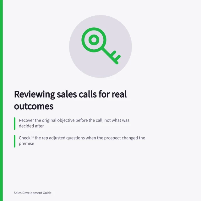 Reviewing sales calls for real outcomes: Recover the original objective before the call, not what was decided after; Check if the rep adjusted questions when the prospect changed the premise; Mark outcome as answered, partly answered or unresolved with clear reason. Reviewing a sales conversation against its objective