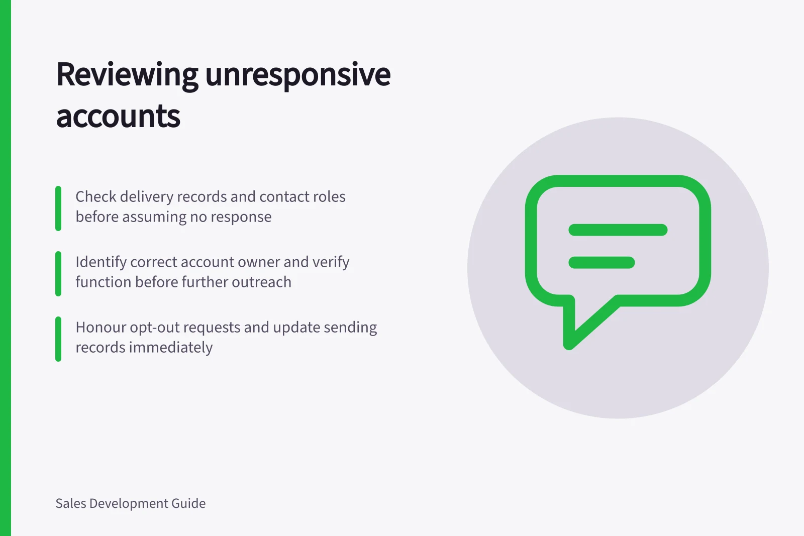 Reviewing unresponsive accounts: Check delivery records and contact roles before assuming no response; Identify correct account owner and verify function before further outreach; Honour opt-out requests and update sending records immediately