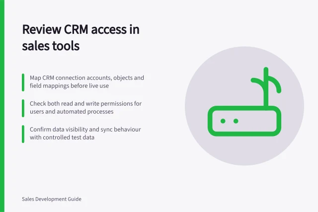 Review CRM access in sales tools: Map CRM connection accounts, objects and field mappings before live use; Check both read and write permissions for users and automated processes; Confirm data visibility and sync behaviour with controlled test data. Reviewing sales tool access to CRM data