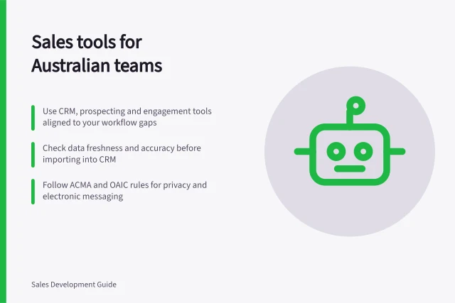 Sales tools for Australian teams: Use CRM, prospecting and engagement tools aligned to your workflow gaps; Check data freshness and accuracy before importing into CRM; Follow ACMA and OAIC rules for privacy and electronic messaging. Sales development tools