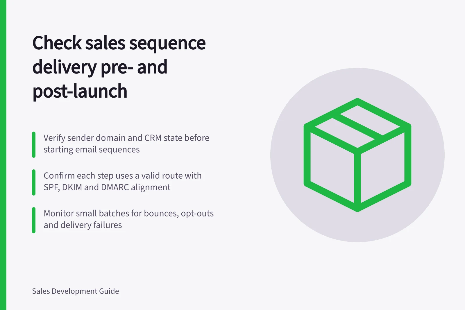 Check sales sequence delivery pre- and post-launch: Verify sender domain and CRM state before starting email sequences; Confirm each step uses a valid route with SPF, DKIM and DMARC alignment; Monitor small batches for bounces, opt-outs and delivery failures