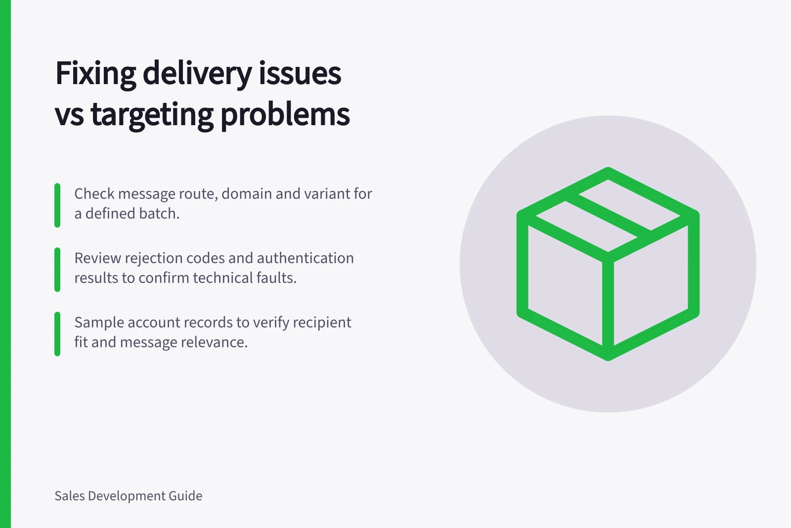 Fixing delivery issues vs targeting problems: Check message route, domain and variant for a defined batch.; Review rejection codes and authentication results to confirm technical faults.; Sample account records to verify recipient fit and message relevance.