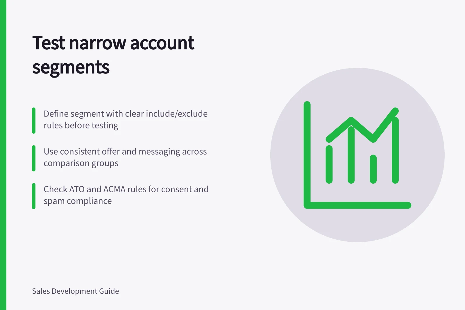 Test narrow account segments: Define segment with clear include/exclude rules before testing; Use consistent offer and messaging across comparison groups; Check ATO and ACMA rules for consent and spam compliance