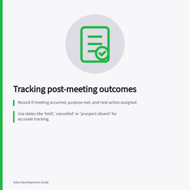 Tracking post-meeting outcomes: Record if meeting occurred, purpose met, and next action assigned.; Use states like 'held', 'cancelled' or 'prospect absent' for accurate tracking.; Ensure the receiving owner confirms outcome and assigns follow-up responsibility. Tracking what happens after a meeting is accepted
